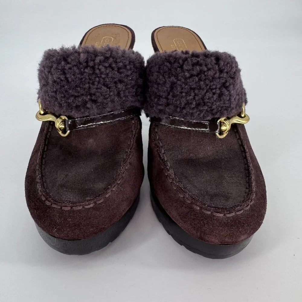 Coach Women’s 7 Brown Suede Shearling Idyle Wooden Heels Clogs Gold Buckle Mules